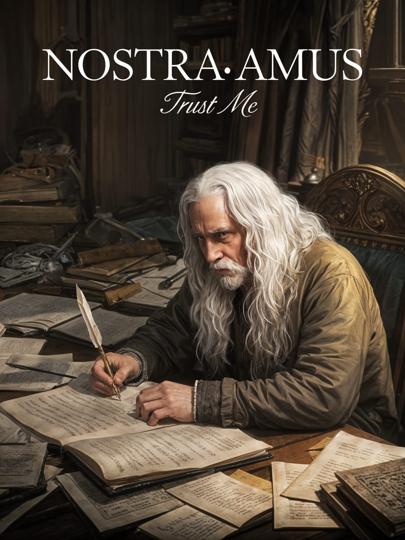 Nostradamus in Mysterious Study with Quill and Parchment