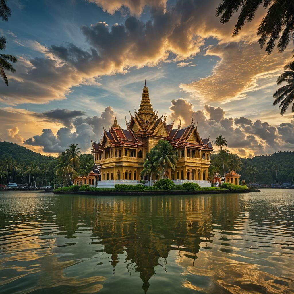 Majestic Indo-Thai Palace Amidst Lush Island Landscape