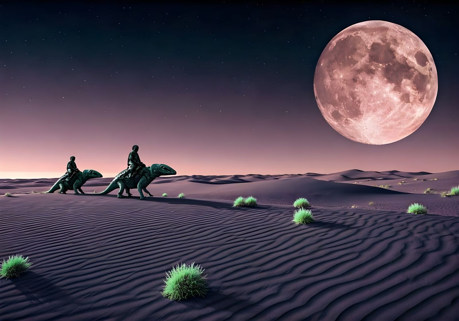 Alien Riders in Desert Landscape with Pink Moon