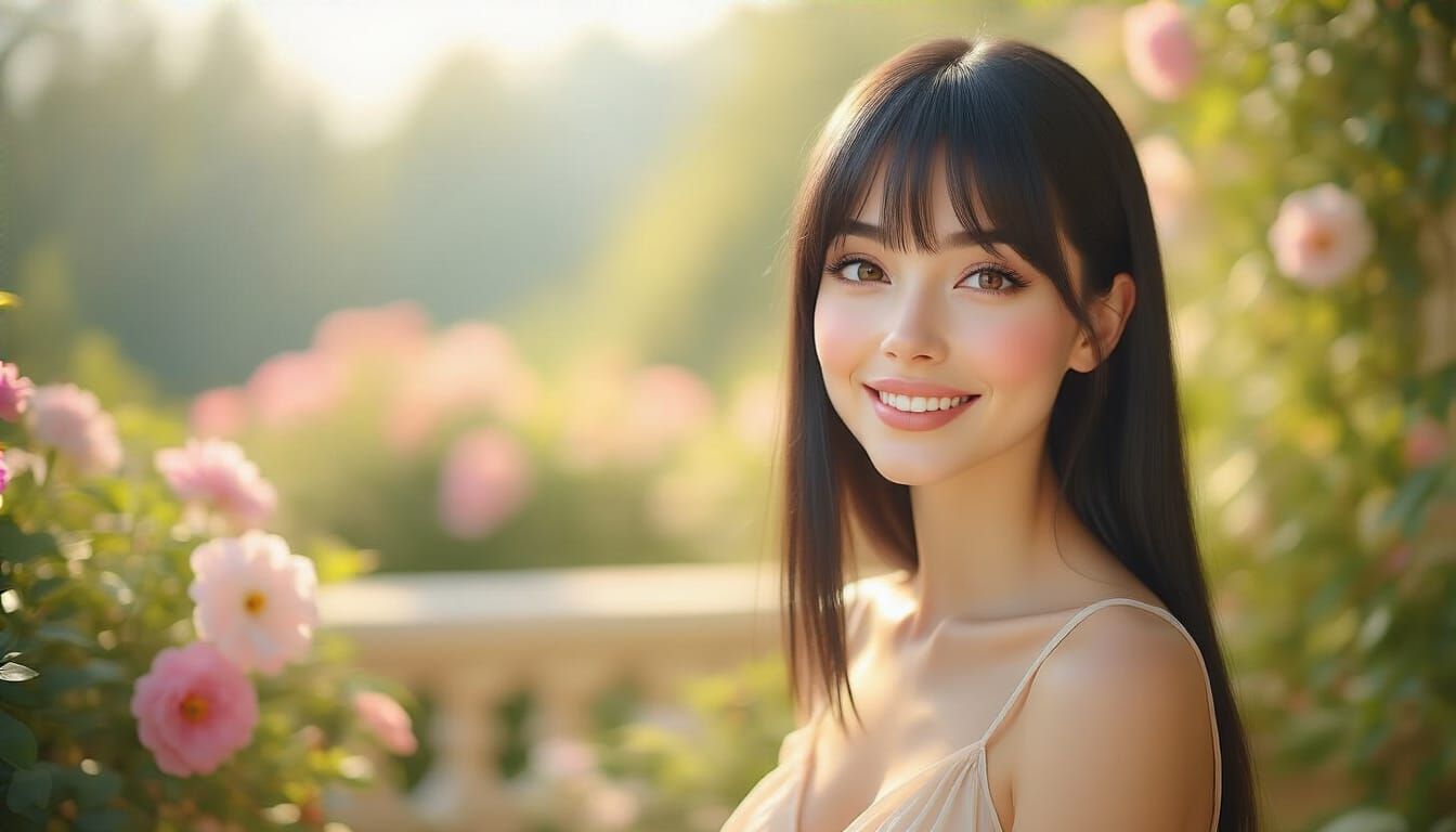 Elegant Woman in Blooming Garden Terrace Portrait