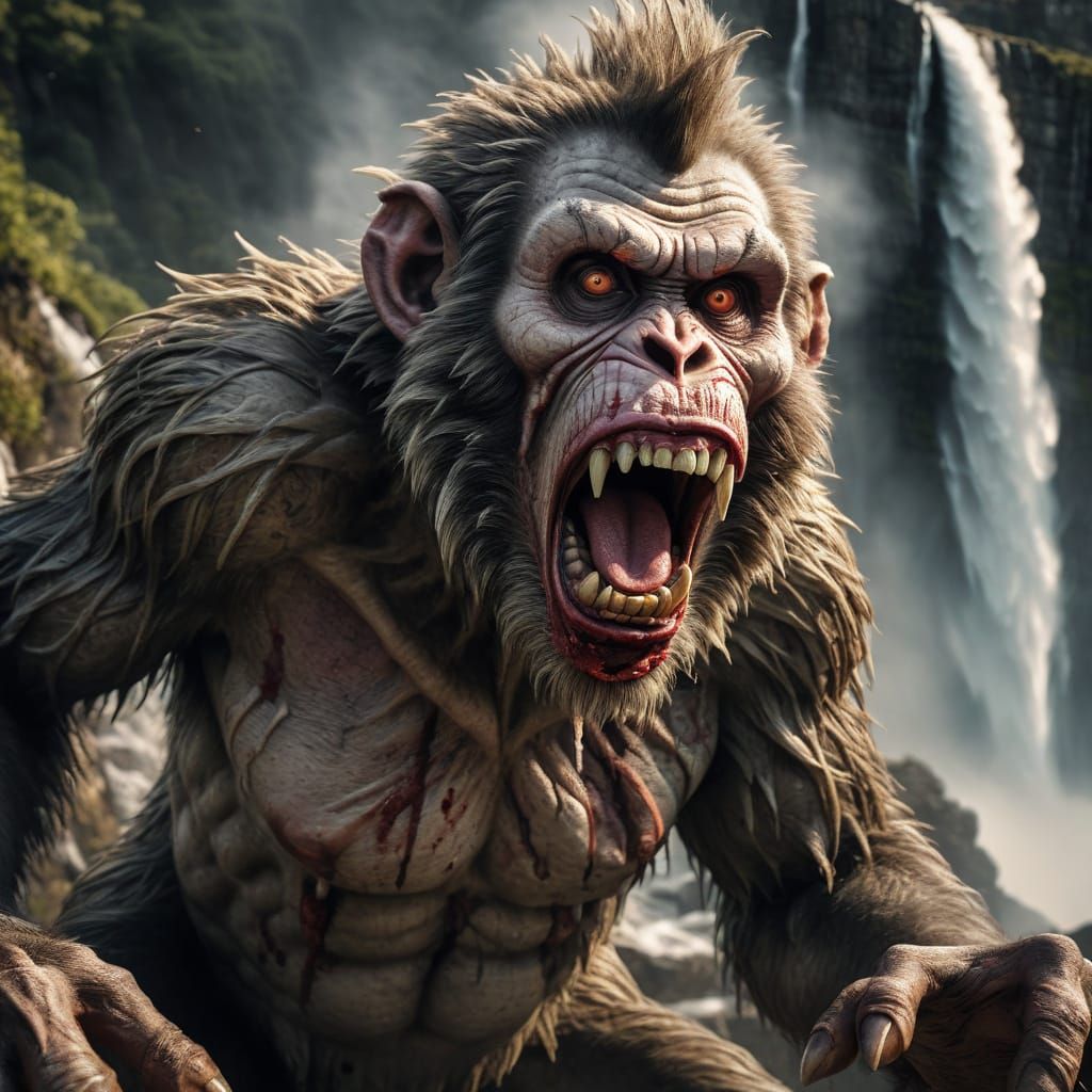 Hyperrealistic Zombie Monkey Clown Waterfall
