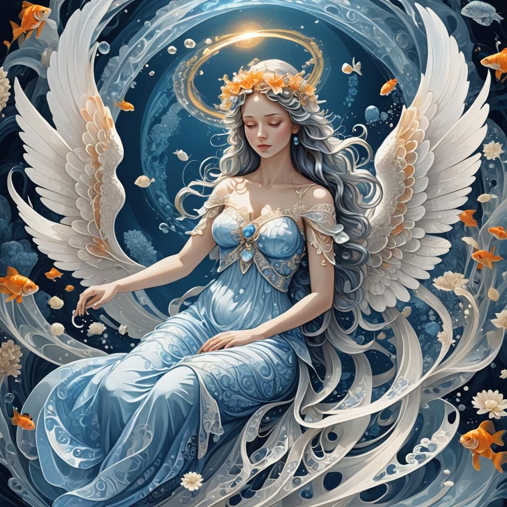 beautiful angel with halo. She is dressed in ephemeral blue ...