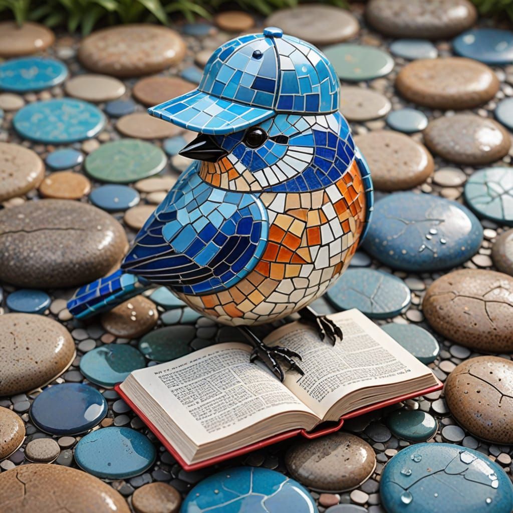 Whimsical Mosaic Bird Reading in Sunny Morning Light