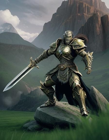 Metal Warrior Confronts Rock Titan in Meadow