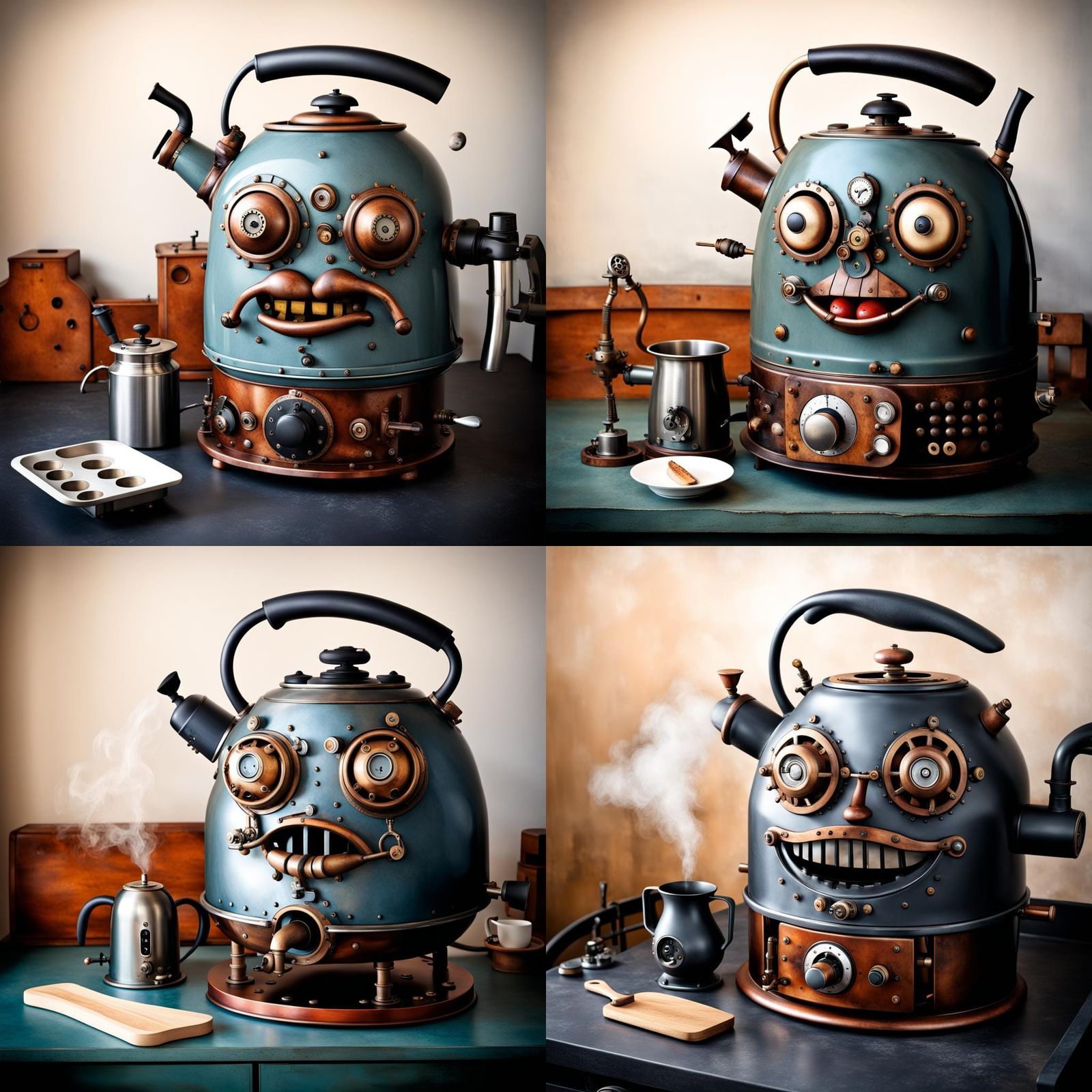 Steampunk Kettle and Toaster with Comical Faces
