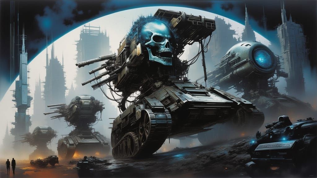 Alien War Machine Rolls Through Ruined Cityscape