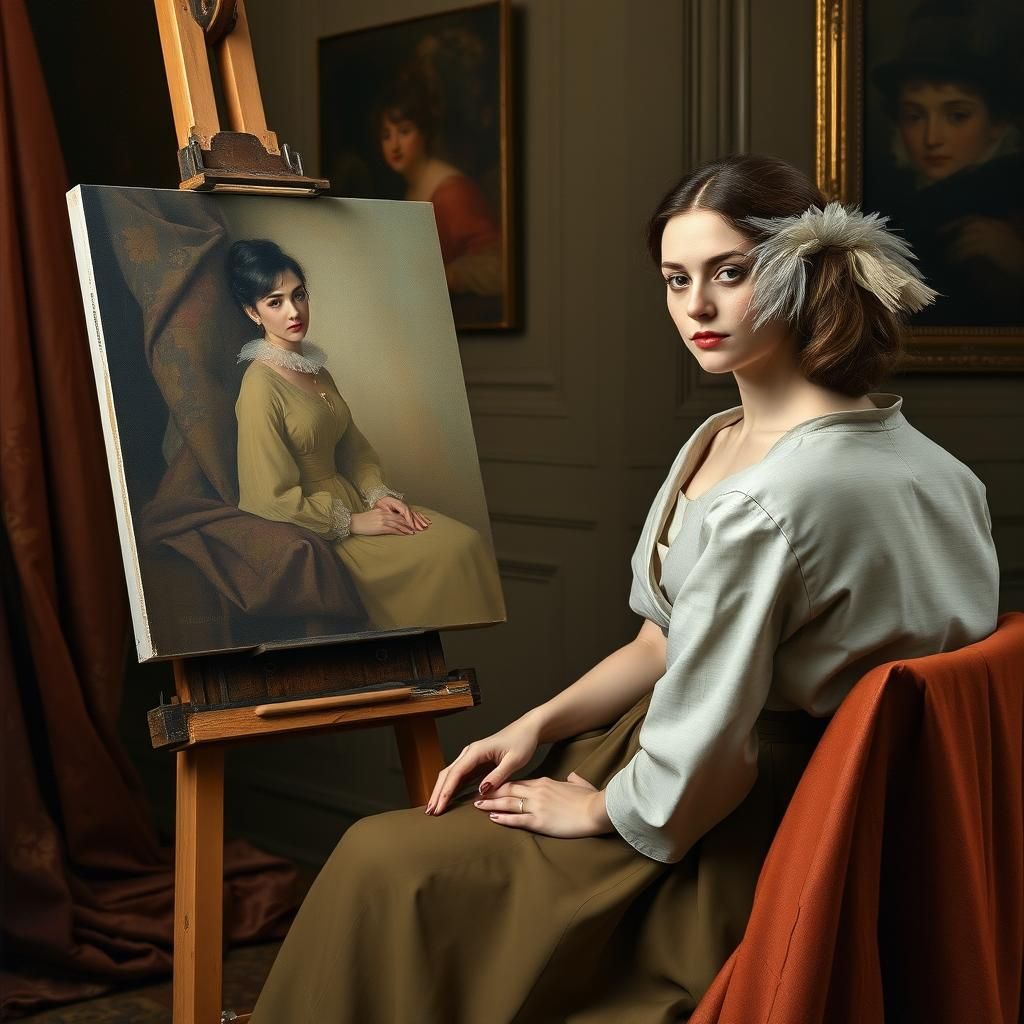 A woman is sitting for a posing session, the painter is pain...
