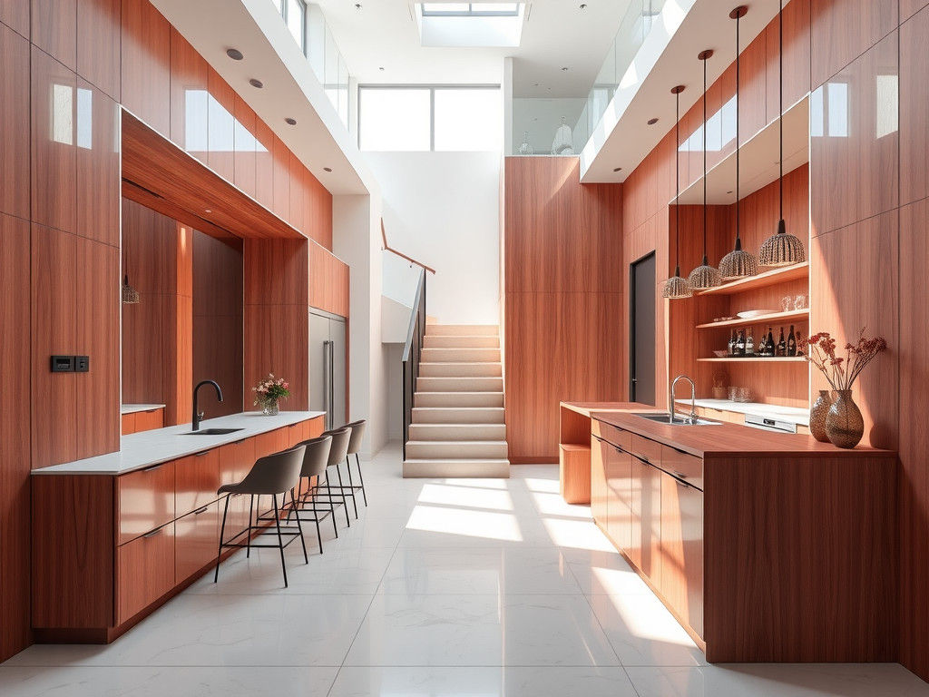Elegant Pink Kitchen and Home Bar with Mirrored Walls