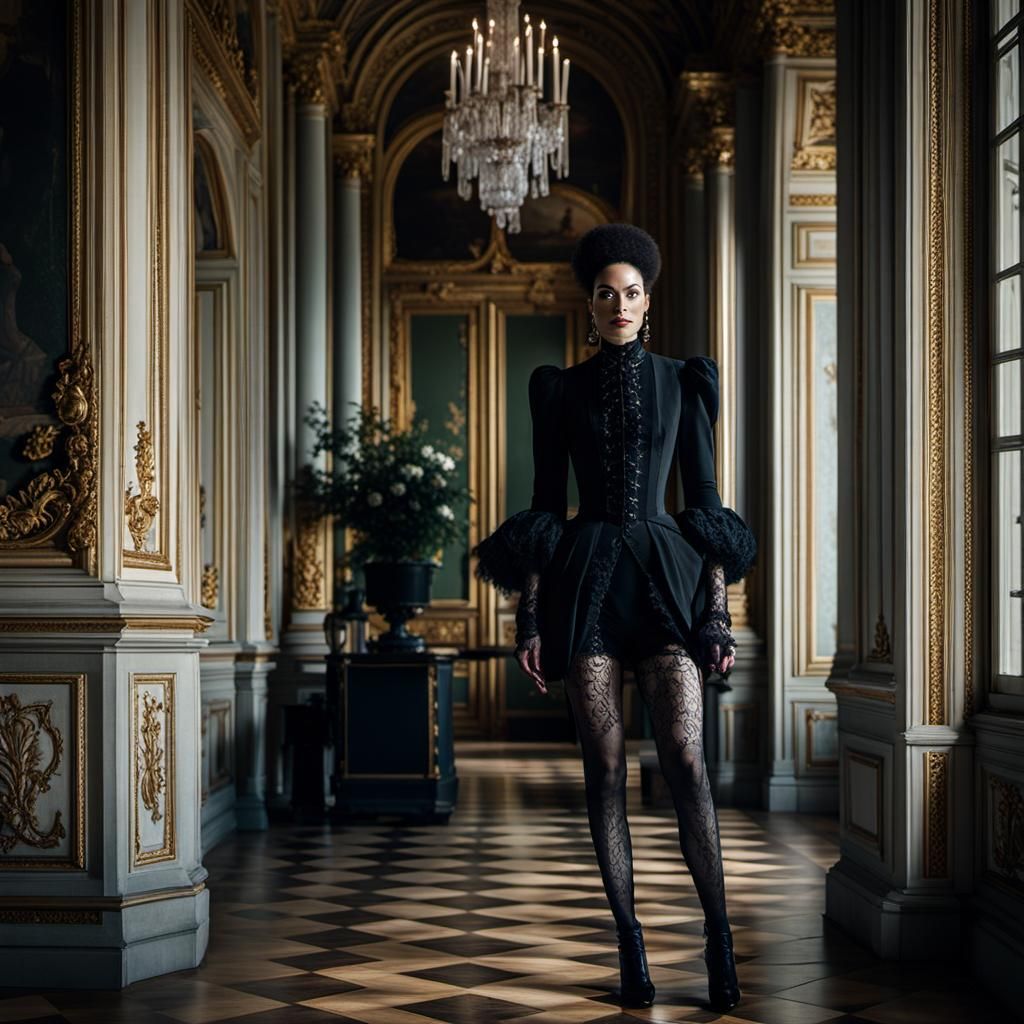 Elegant Woman Poses in Victorian Dining Room, Hyperrealistic...