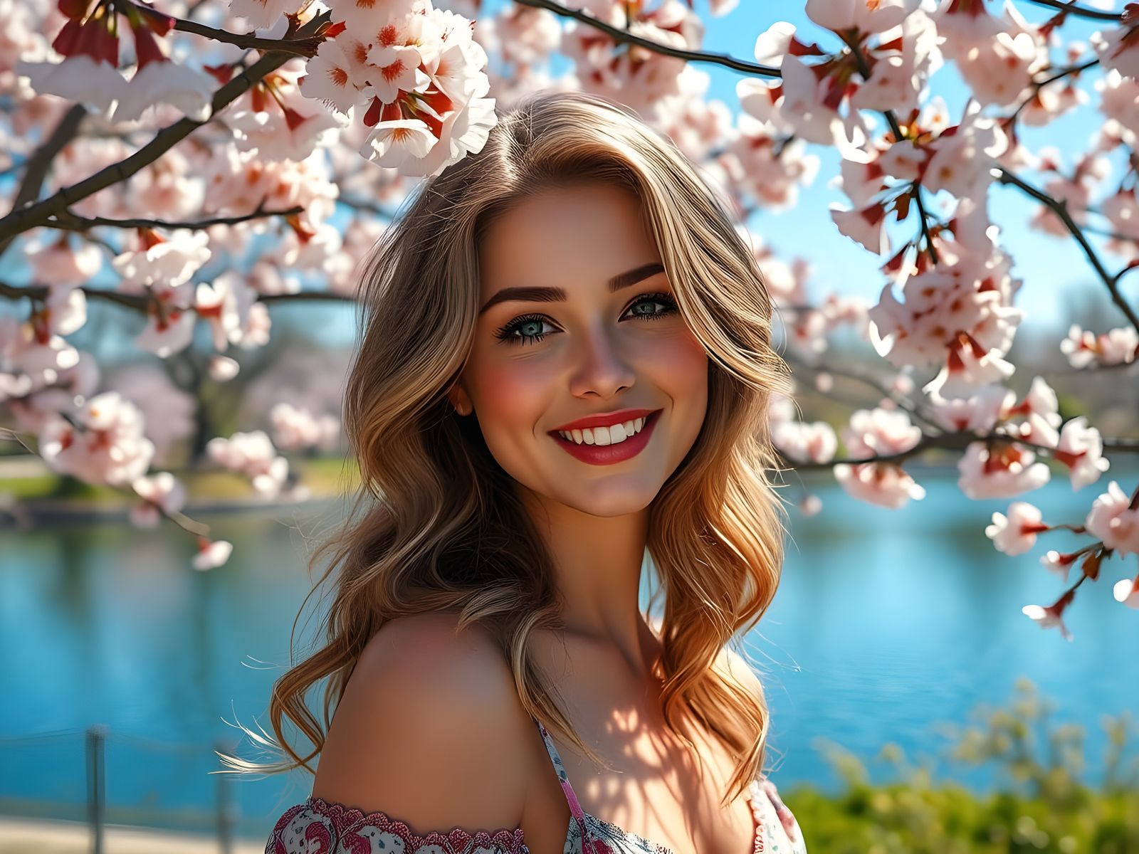 Surreal Spring Goddess in Cherry Blossom Park