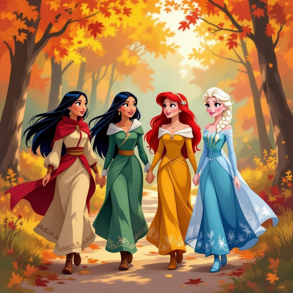 Disney Princesses Fashionable Fall Forest Walk