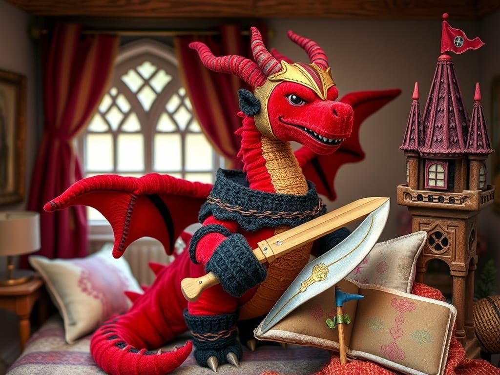 Vibrant Whimsical Diorama of Plush Dragon Defending Castle