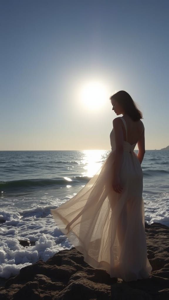 Ethereal Seascape: Sunlit Dress by the Azure Sea