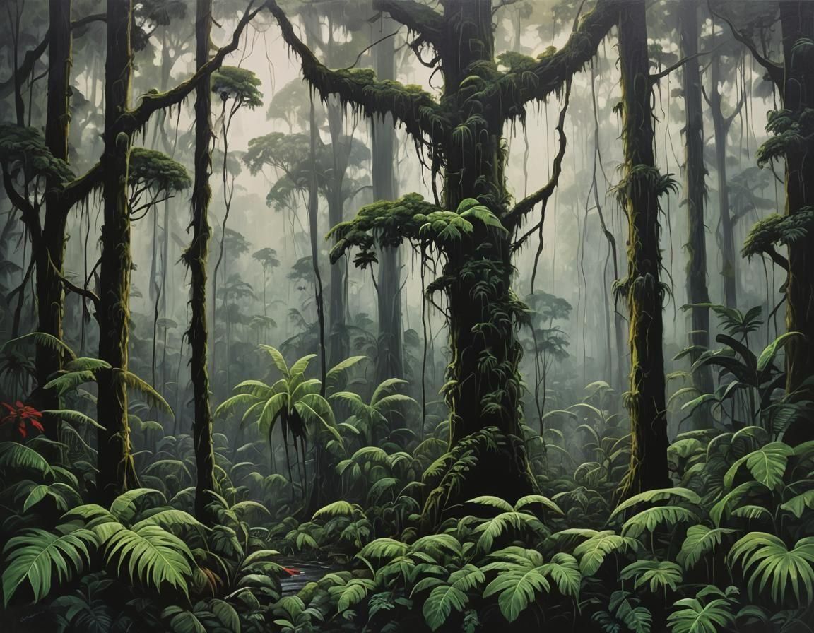 Ominous Rainforest in Acrylic Art Style