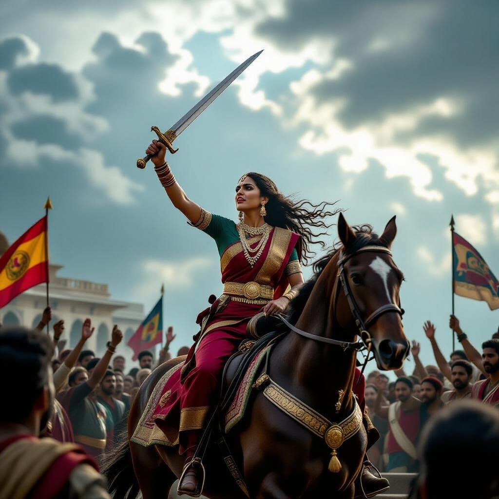 Queen Manikarnika on Horseback Raising Sword in Defiance
