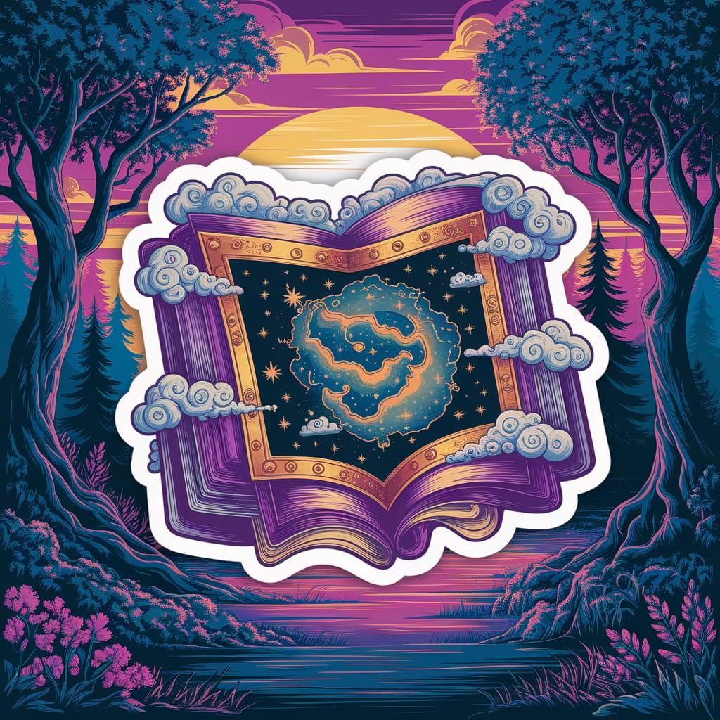 Whimsical Travel Journal Stickers in Magical Sunset Landscap...