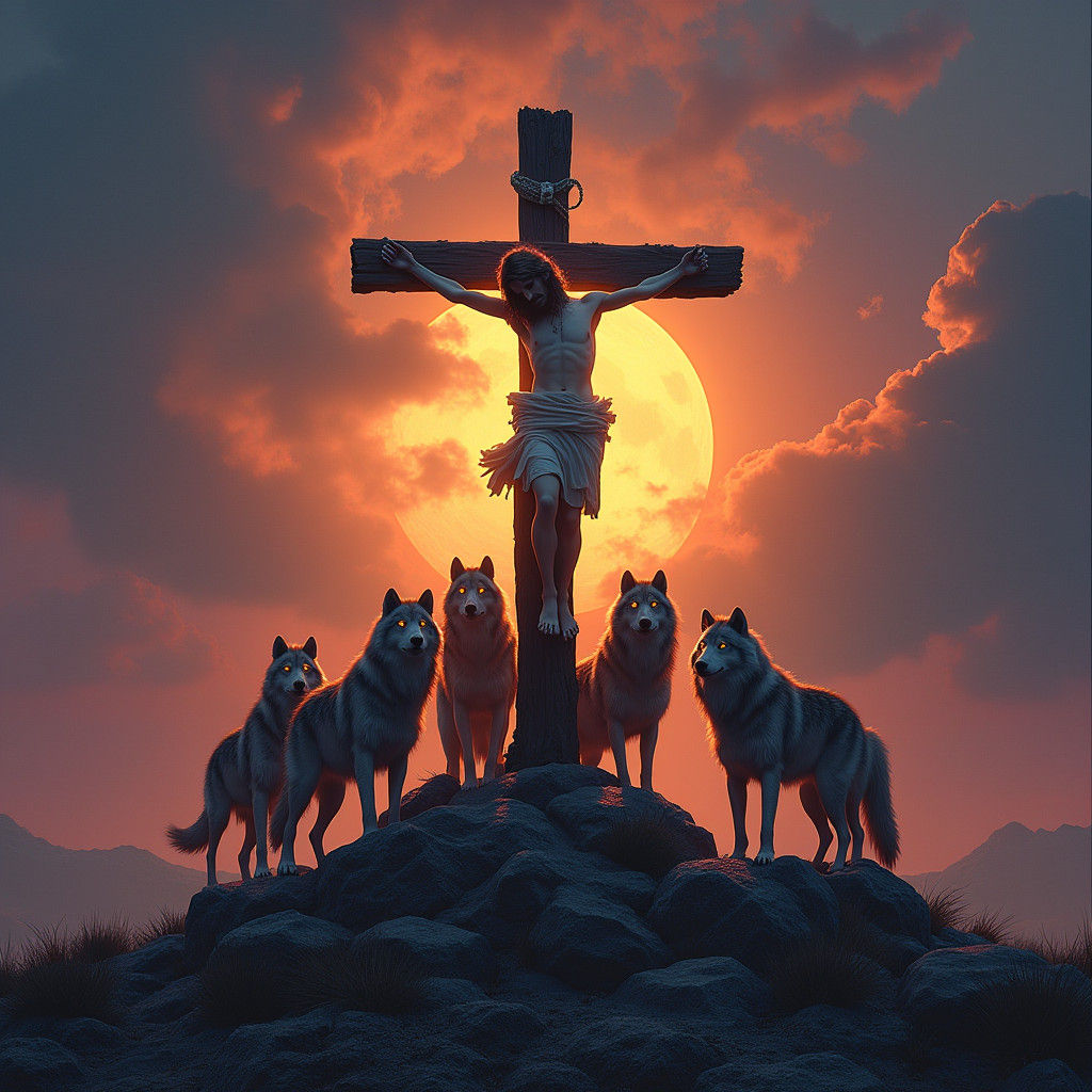 Jesus Christ Crucified with Wolves: Fantasy Art