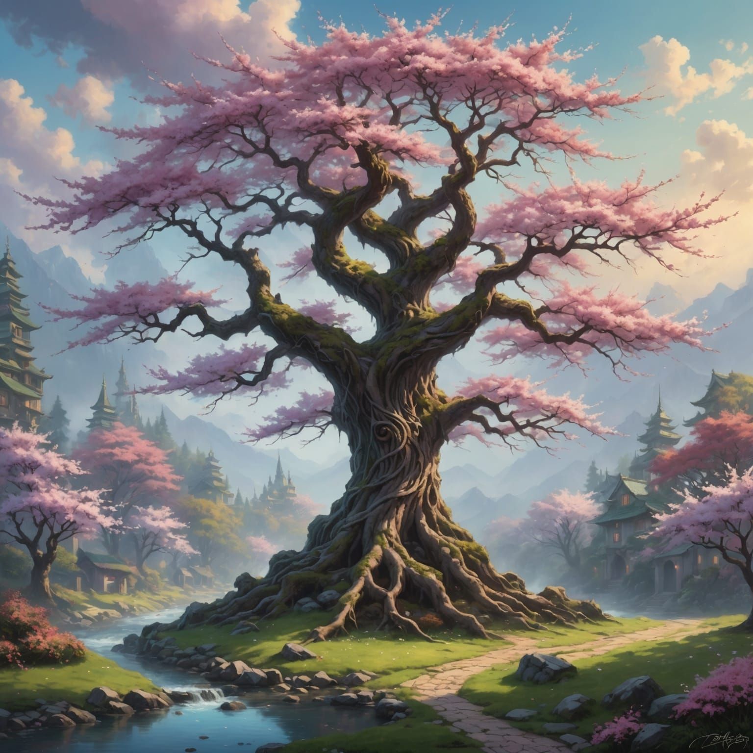 Ethereal Cherry Blossom Tree with Twisted Roots