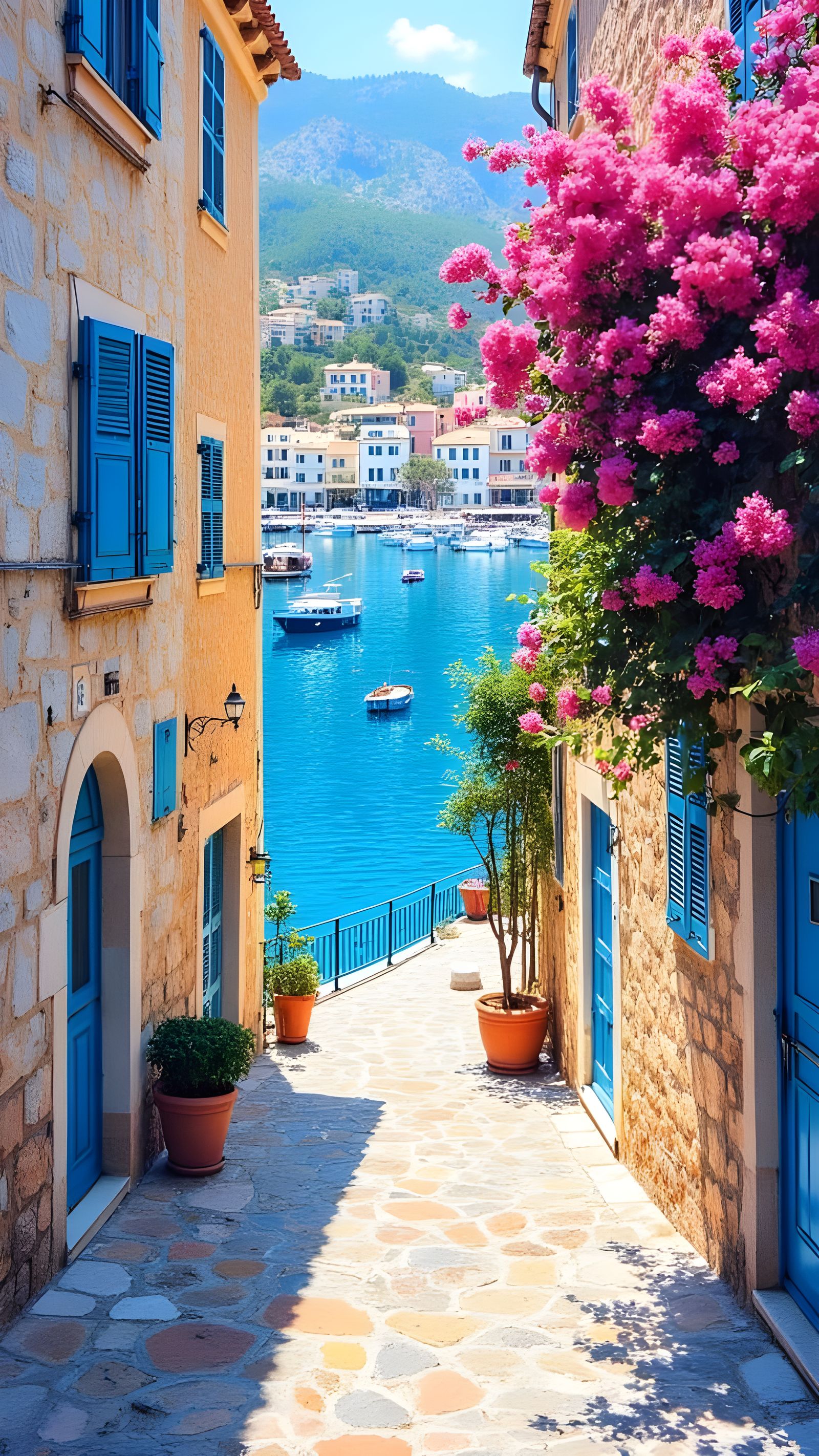 Impressionist Mediterranean Alleyway to Turquoise Sea