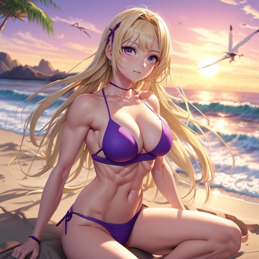 Blonde Woman in Bikini at Sunset, Anime Style