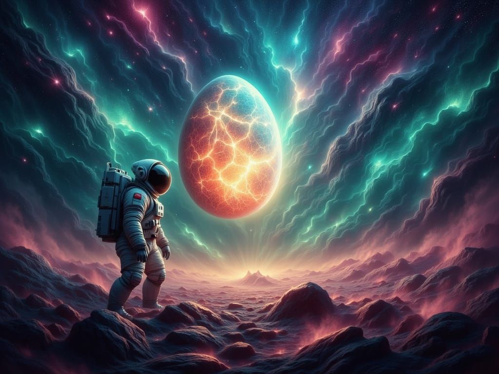 Astronaut Contemplates Glowing Egg in Cosmic Space