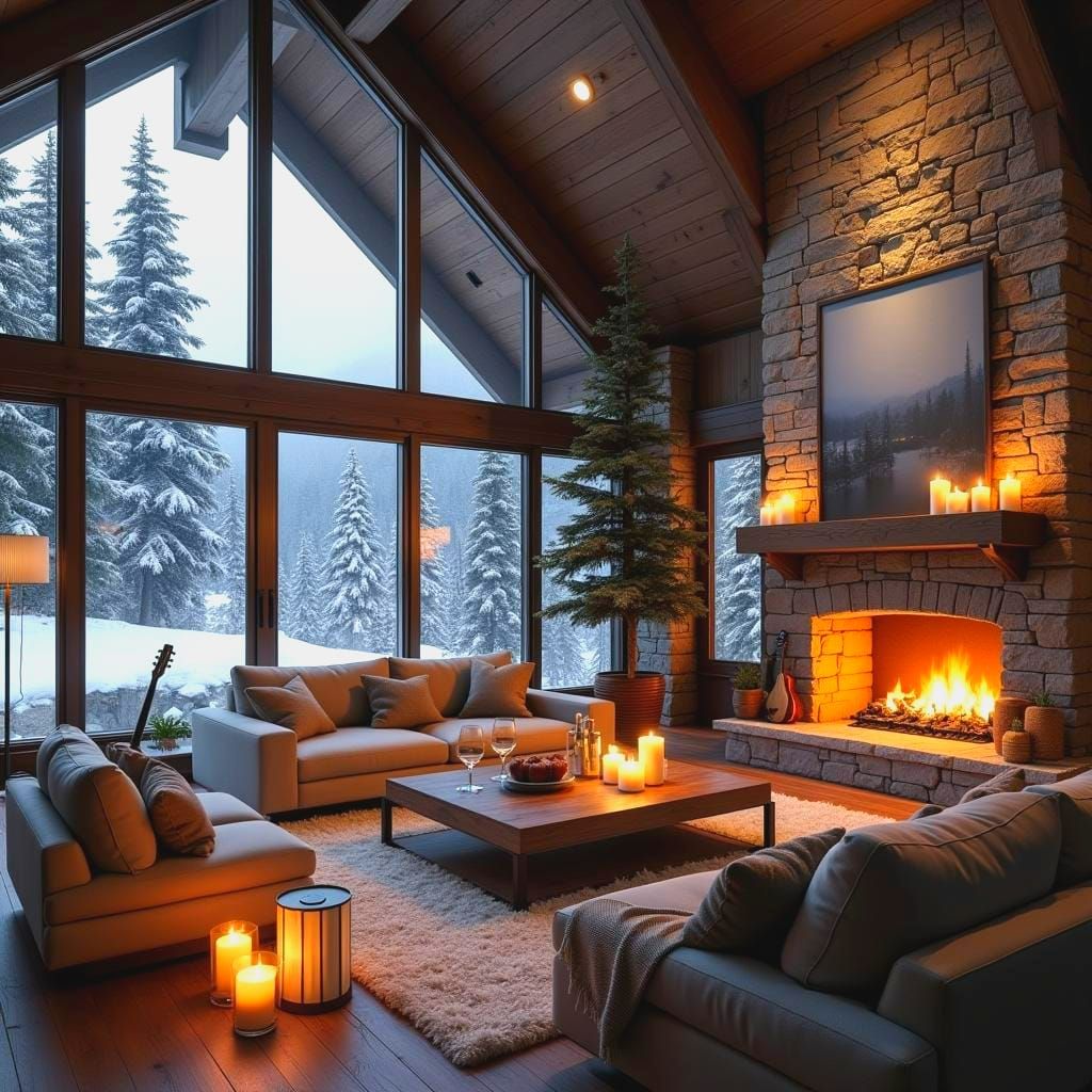 Luxury Log Cabin Living Room at Night