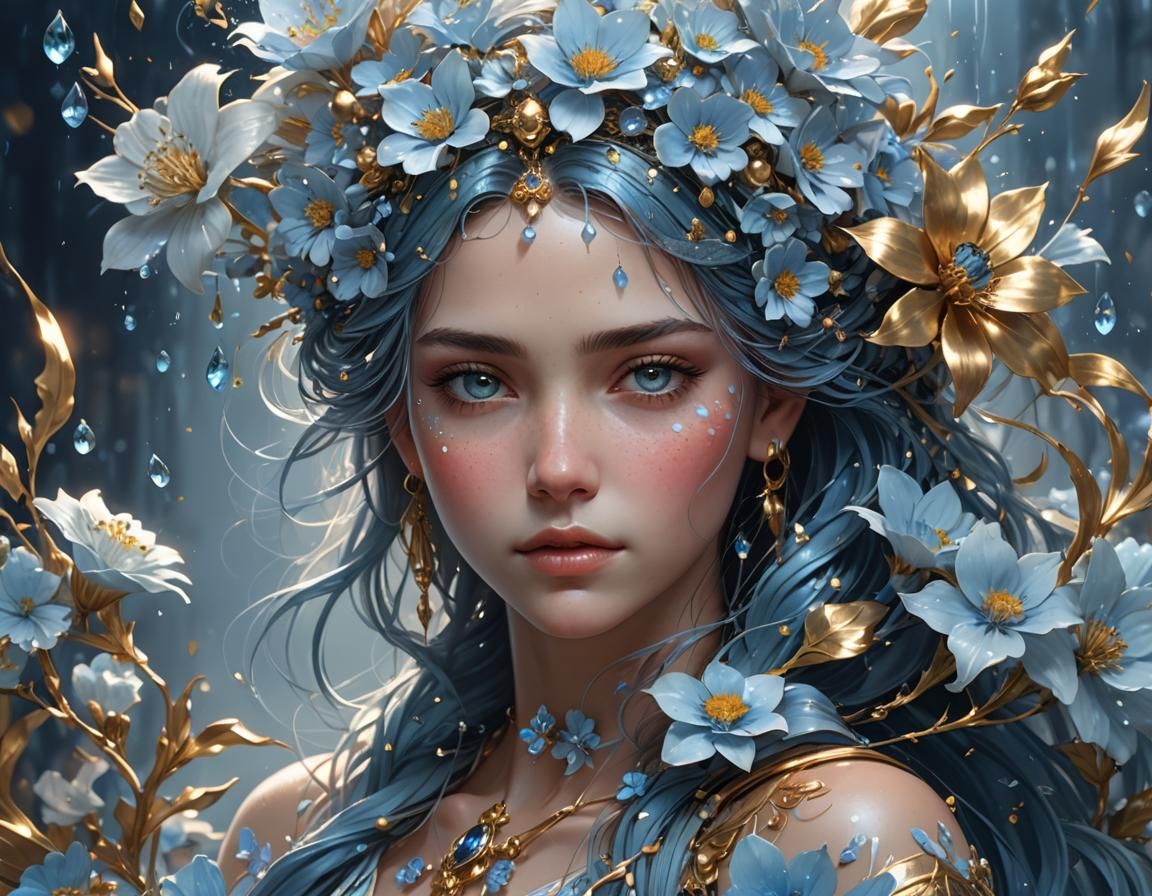 Light Blue Flowers with Dew and Gold Sparks