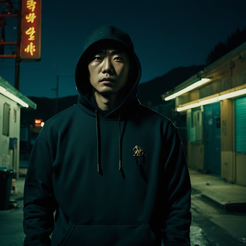 Korean Mobster in Noir Film Still with Rifle