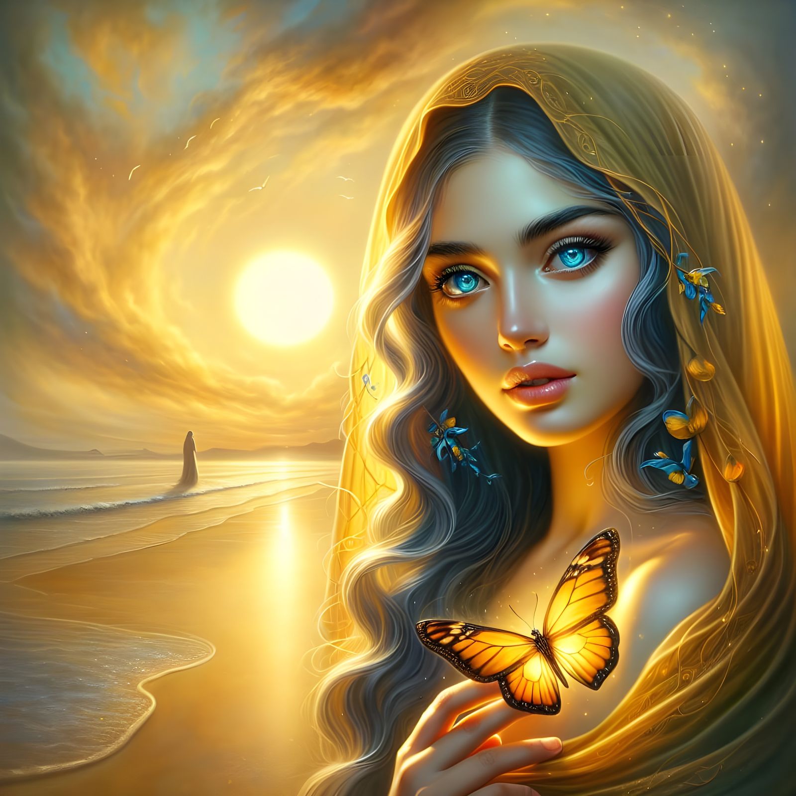 Ethereal Woman with Butterfly at Sunset