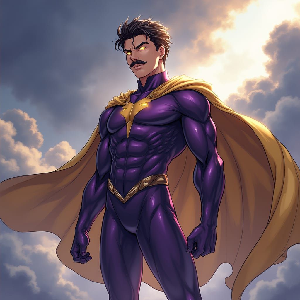 Heroic Superhero with Metallic Purple and Gold Suit in Drama...