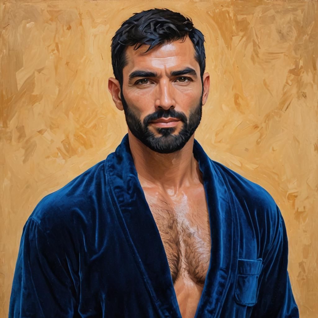 Handsome Man in Velvet Bathrobe as Impasto Oil Painting