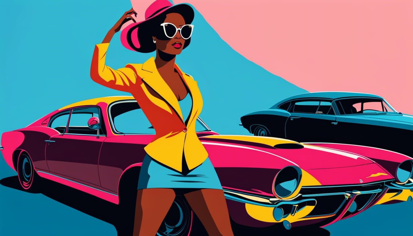 Powerful Woman Lifts Car in Pop Art Style