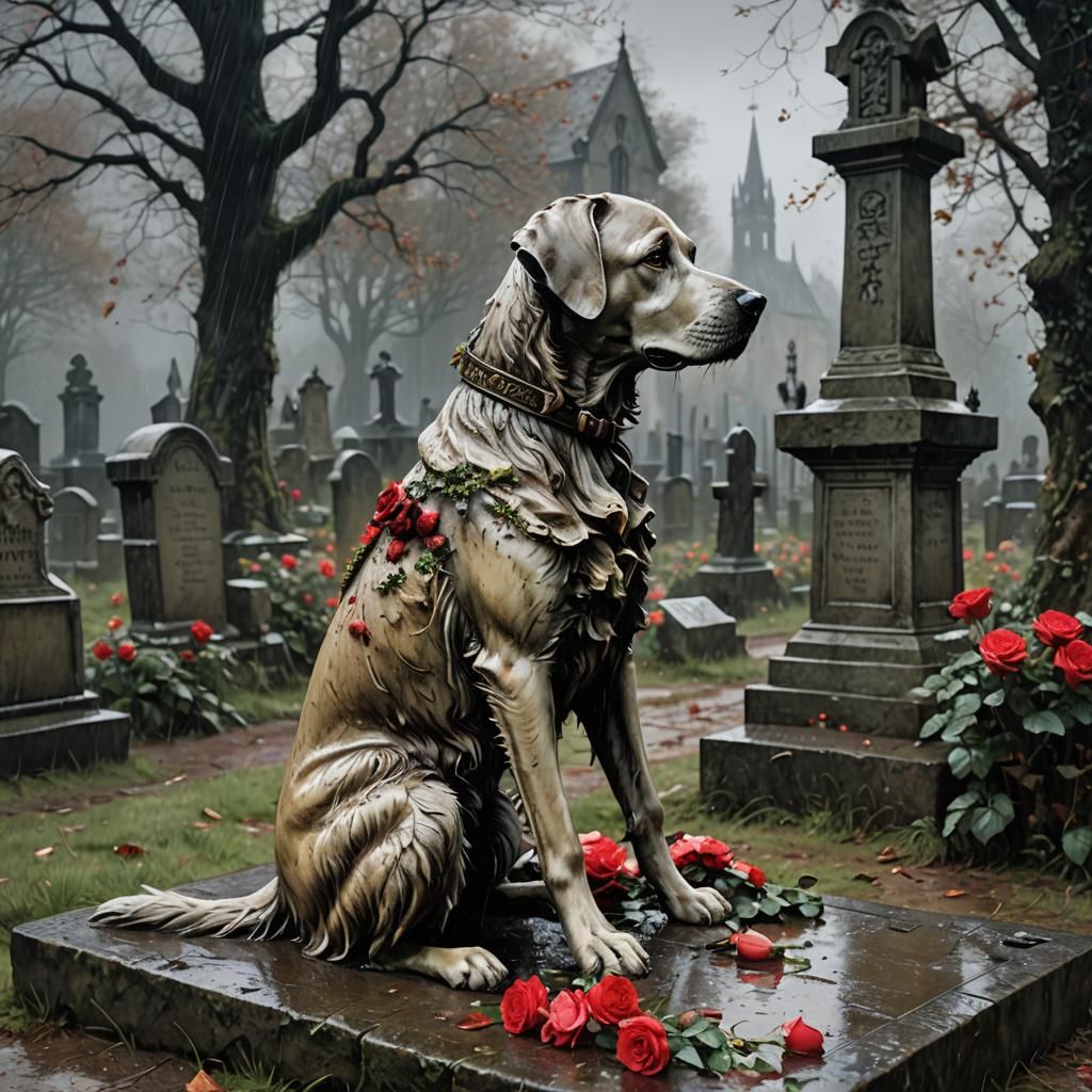 Dog at Gravestone in Rain, Arthur Rackham Style