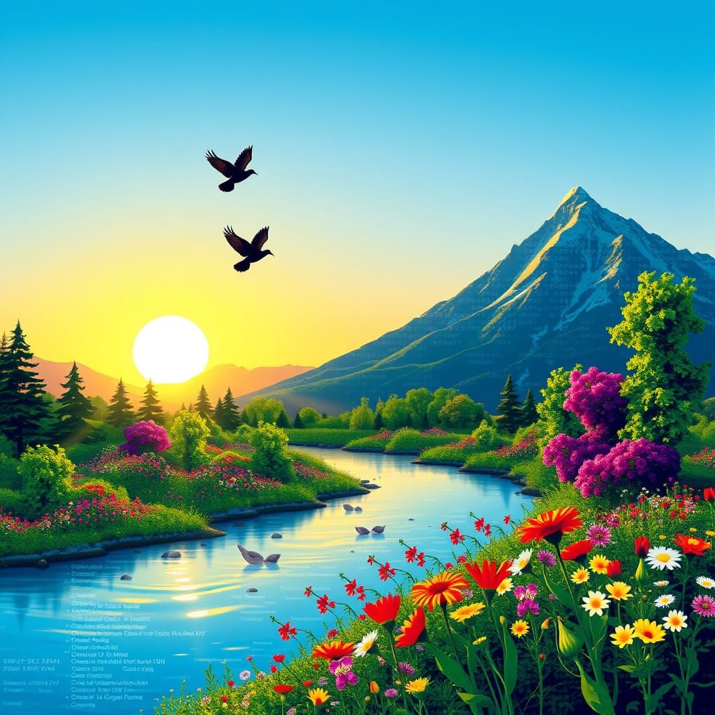 Surreal ASCII Art Landscape with Nature Elements