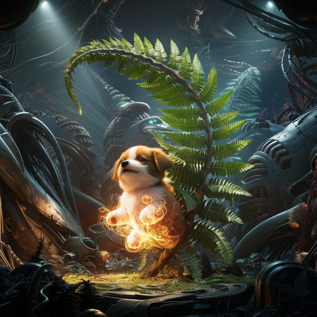 Puppy Merges with Fern in Biomechanical Forest