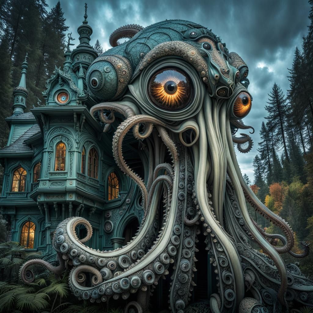 Biomechanical Octopus Creature in Mystic Forest