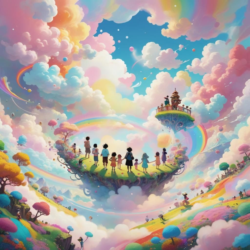 Dreamlike Friends Play in Pastel Anime Landscape