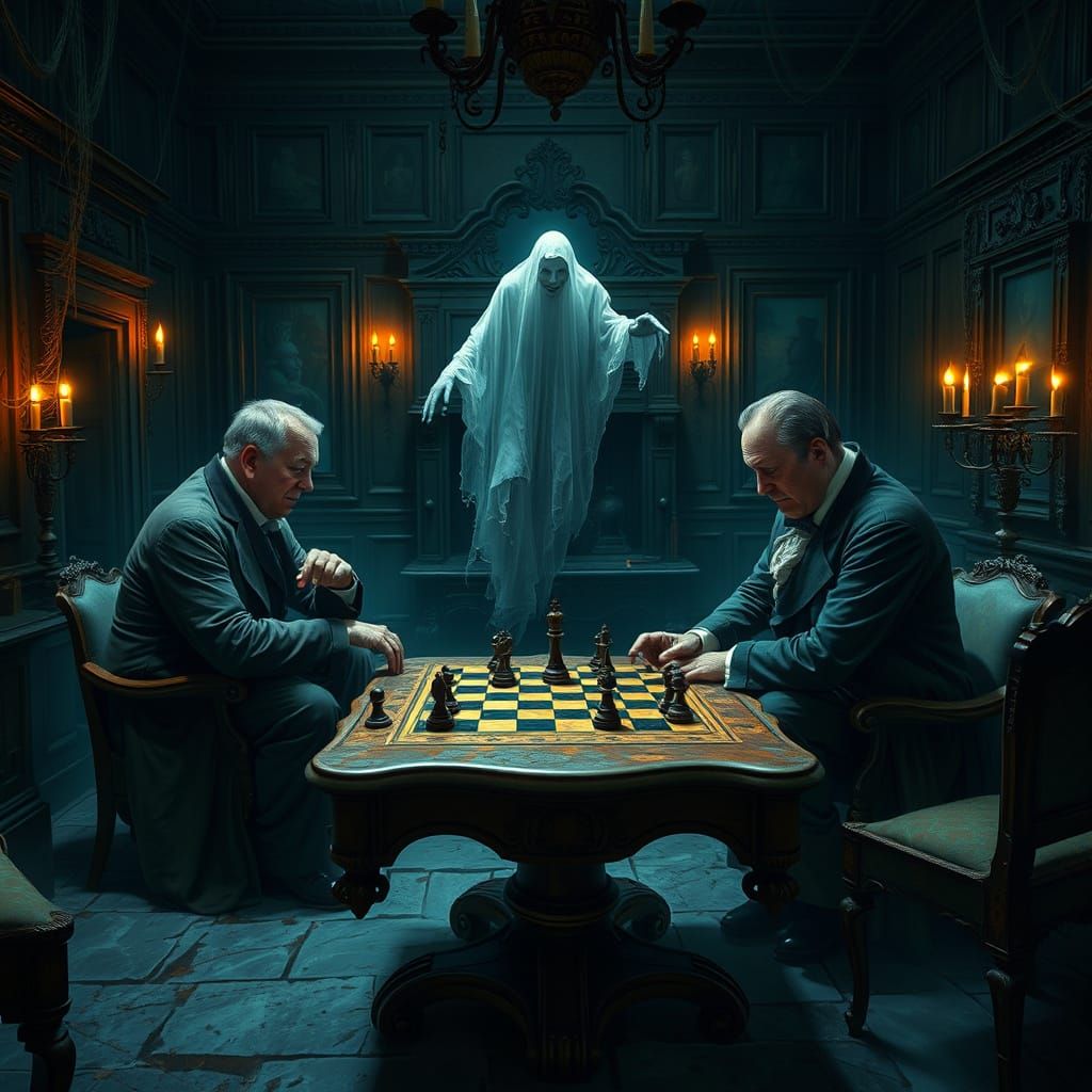 Ethereal Chess Game in a Haunting Victorian Mansion
