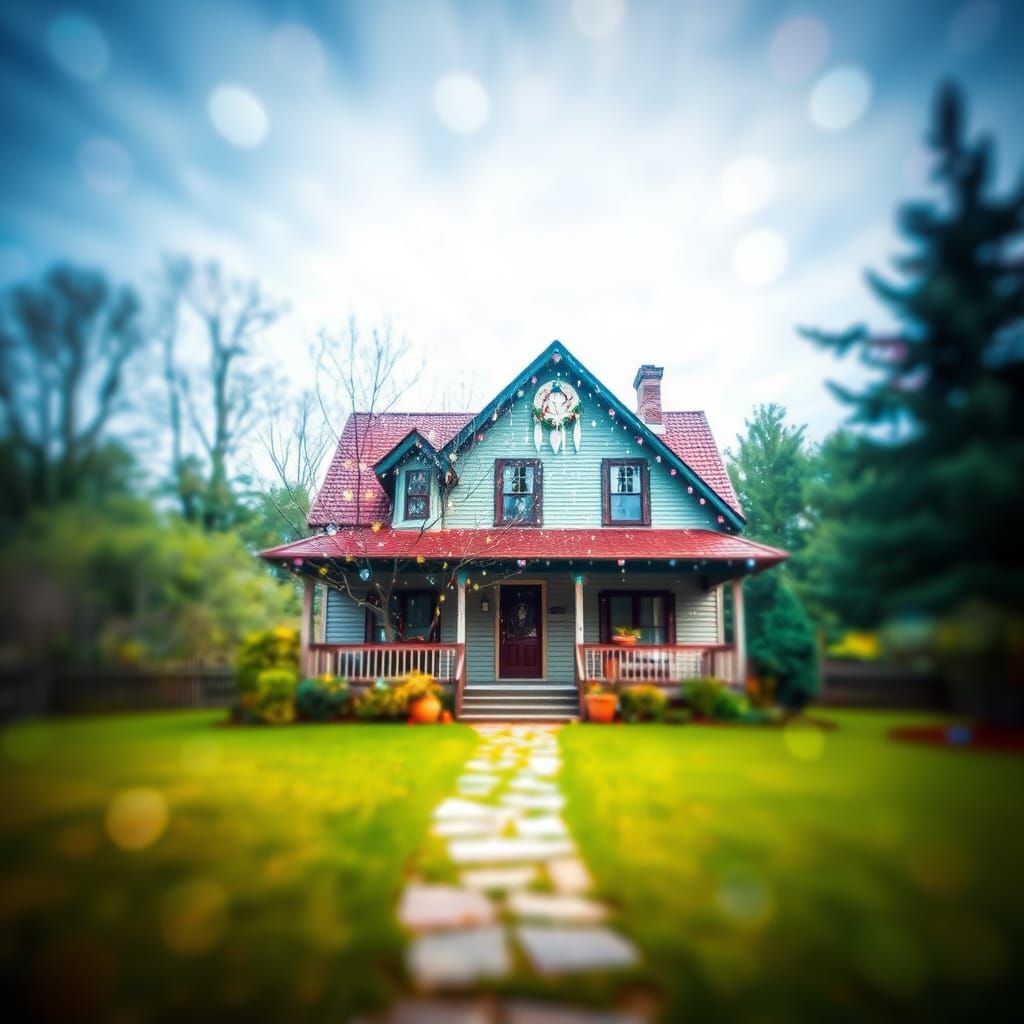 Dreamy Double Exposure of a House Amidst Nature's Vibrant Bo...