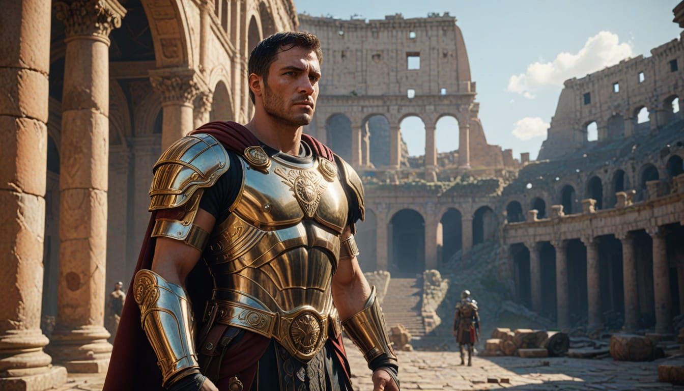 Majestic Roman Warrior Athena in Golden Armor at the Coliseu...