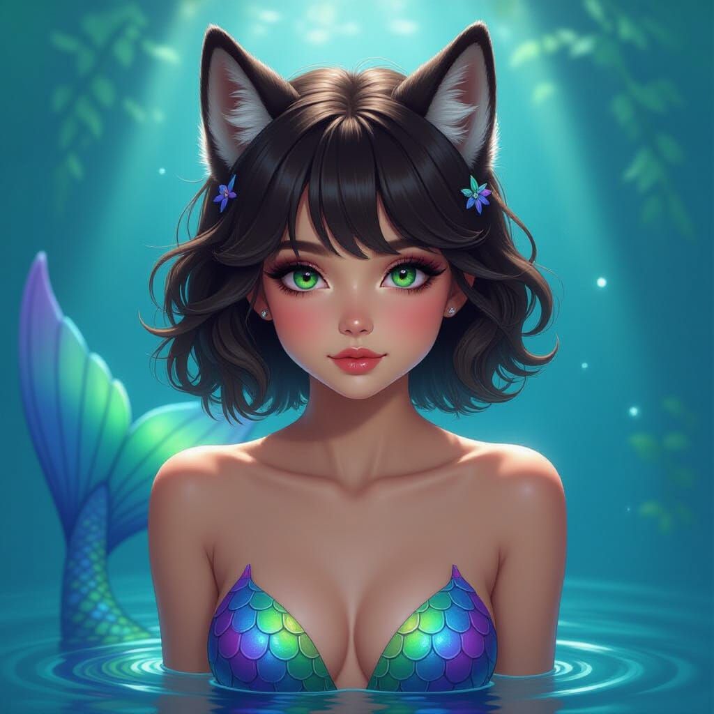 Photorealistic Mermaid Girl With Wolf Ears and Blue-Green Ta...