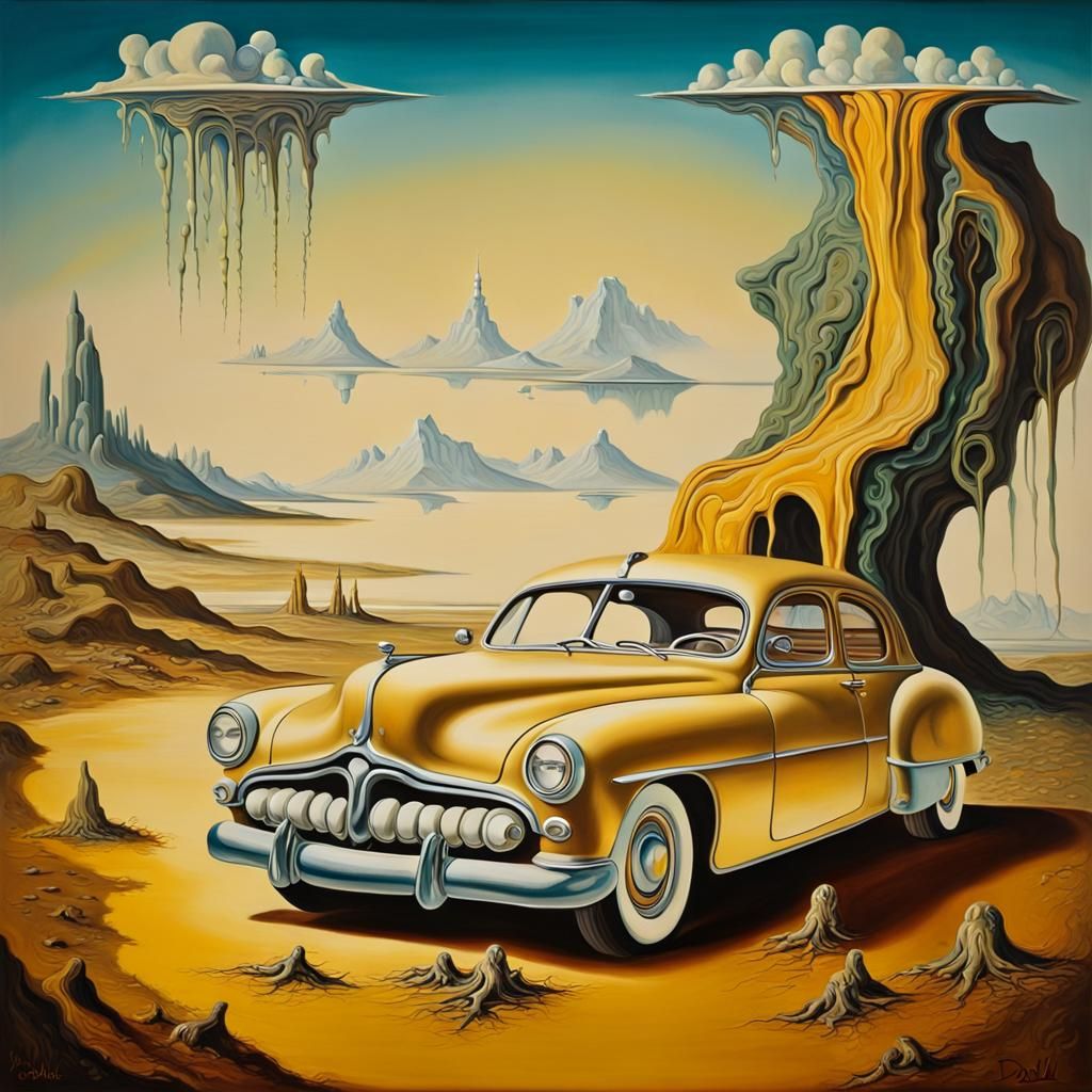 Surreal 1950s Car in Melting Oil on Canvas