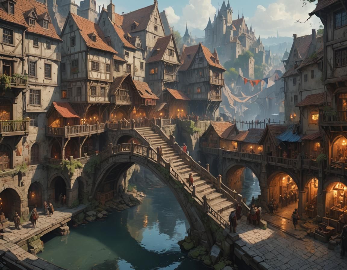 Fantasy City Market Bridge: Epic Medieval Painting