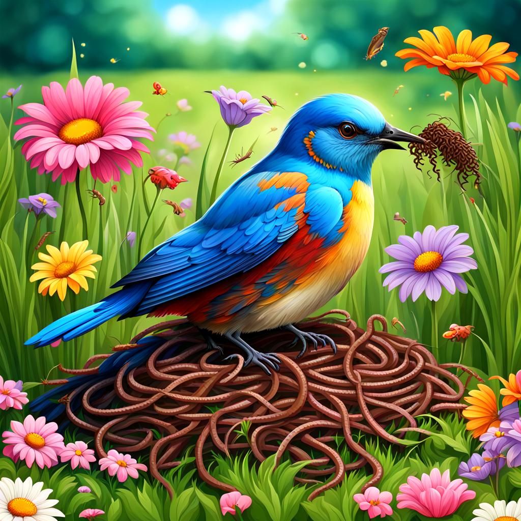 Blue Bird Feast in a Summer Landscape