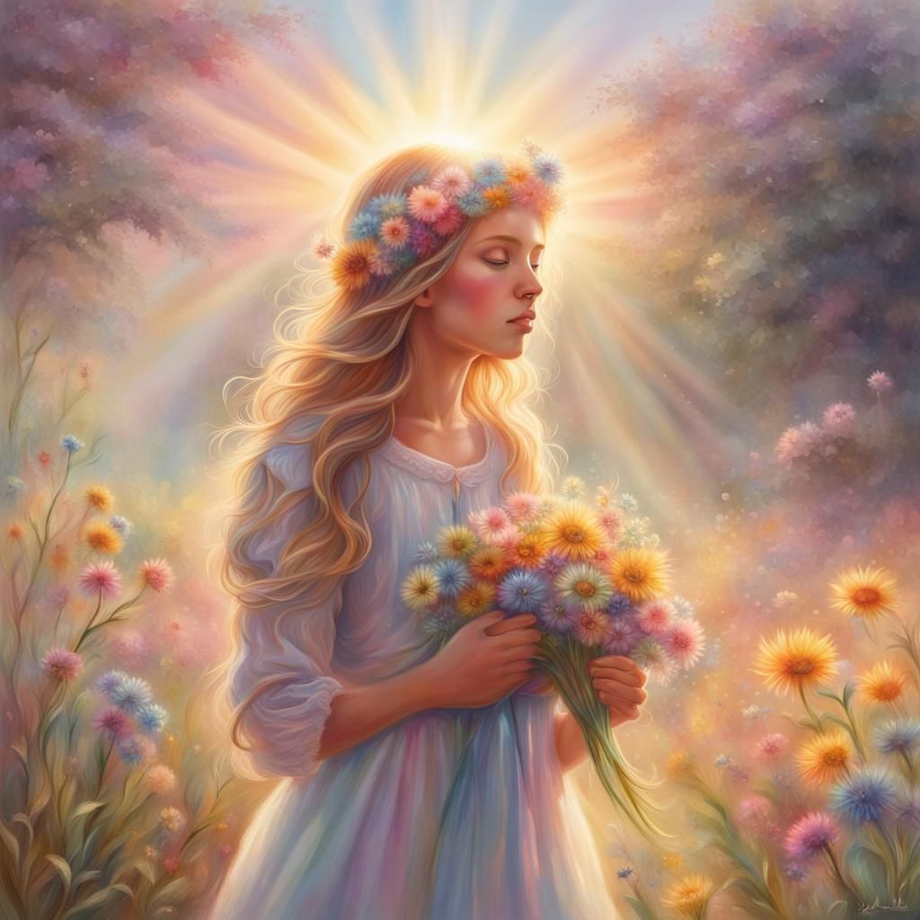 Girl Picking Flowers in a Sunny Rainbow Meadow