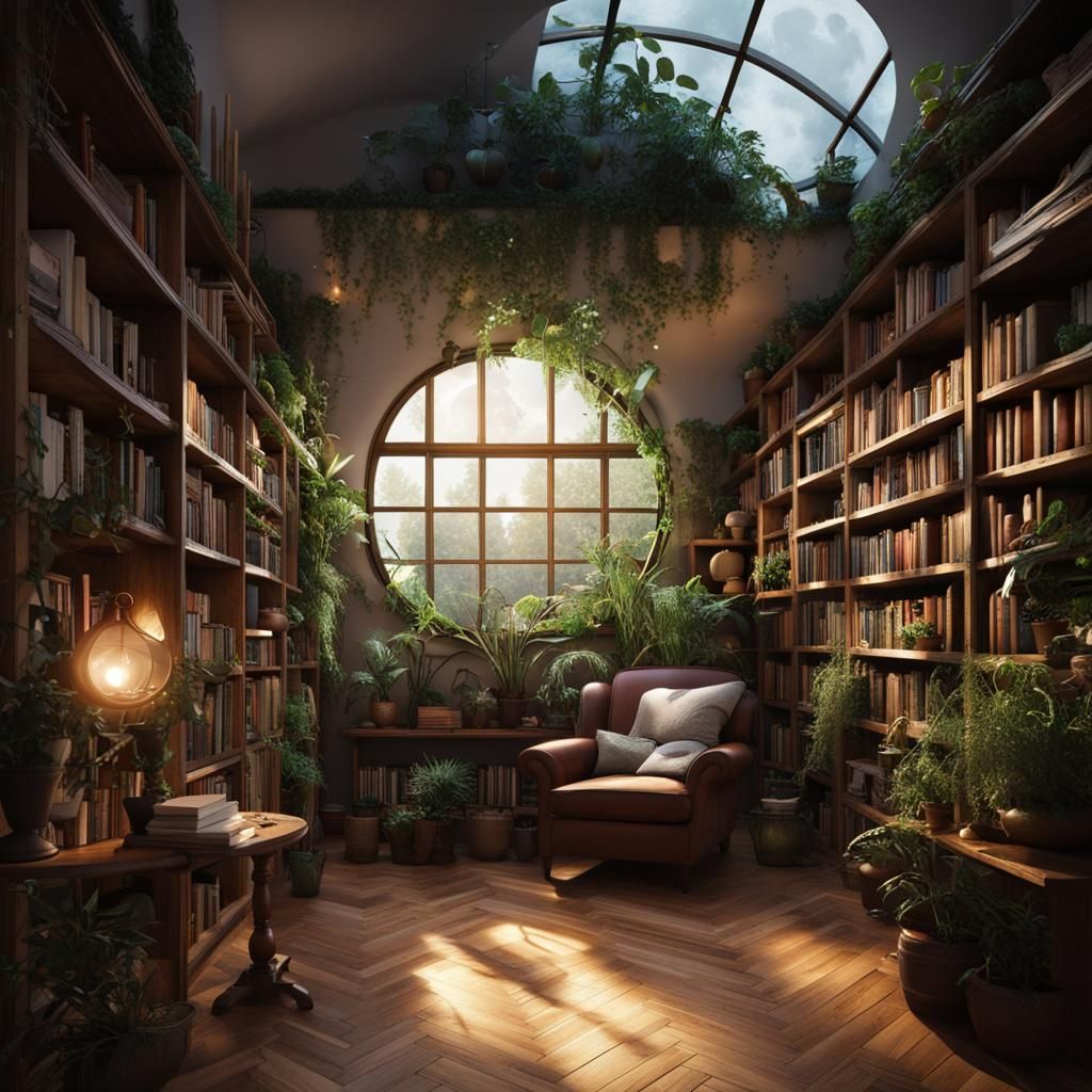 Moonlit Plant-Filled Room with Magic Circle