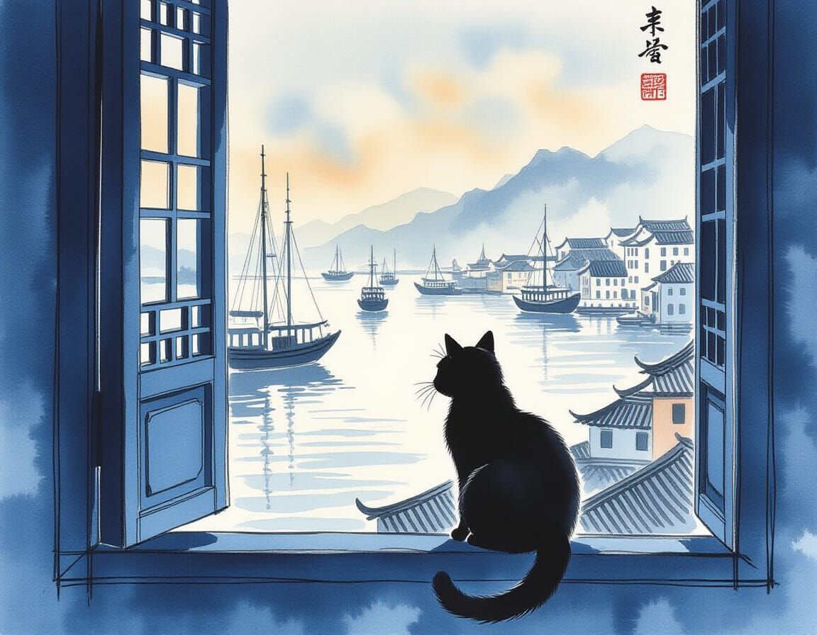 Black Cat Watching Harbour: Chinese Ink Painting