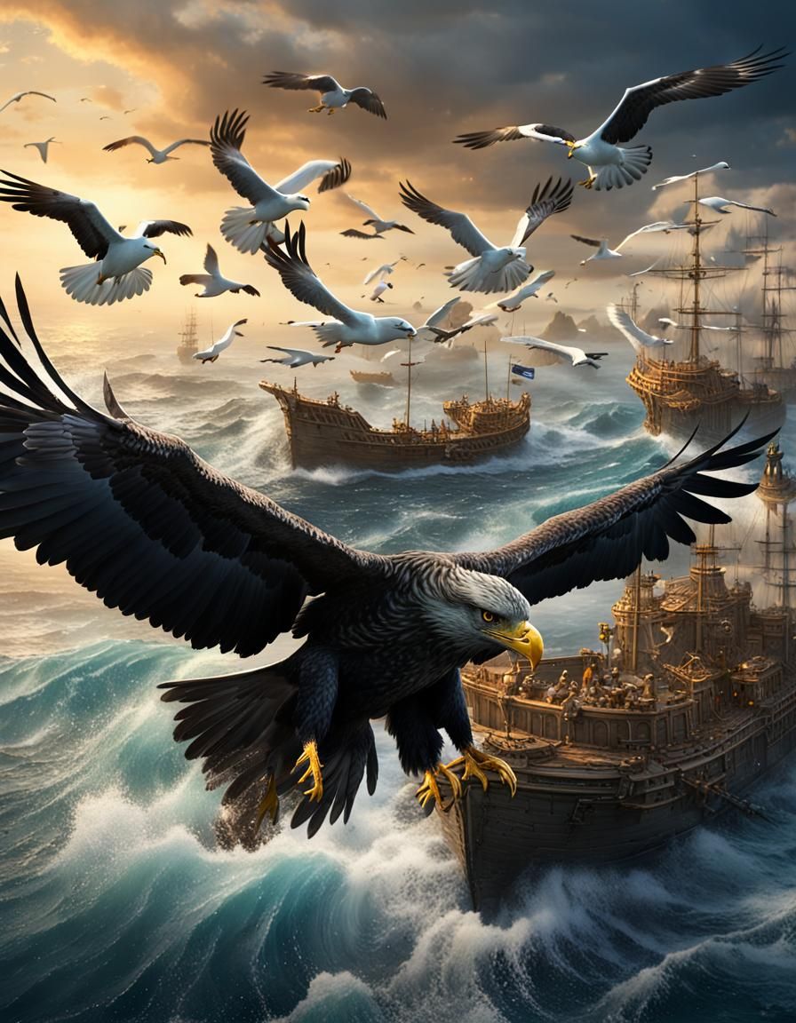Black Eagle's Sea Flight with Message, Fantasy Art