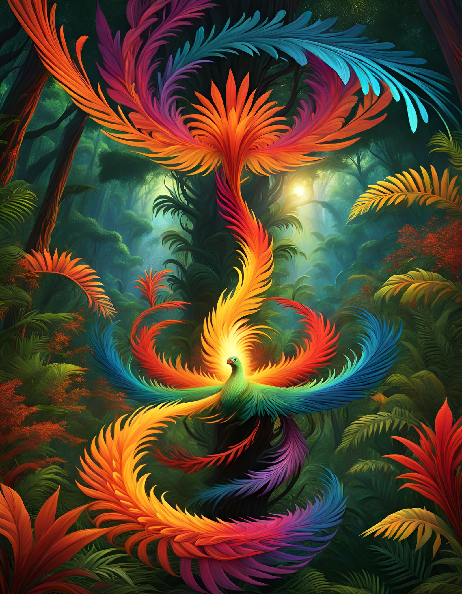 Fiery Phoenix Rising from Jungle Clearing