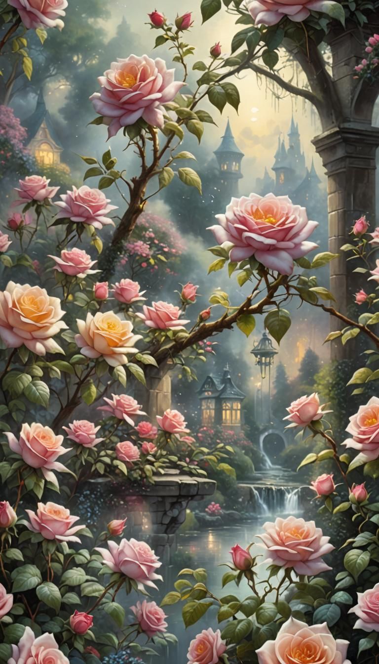 Ethereal Tea Rose in a Misty Landscape